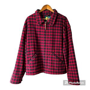 J Crew Men’s Buffalo Plaid Red & Black Wool Blend Full Front Zip Jacket EUC SZ L